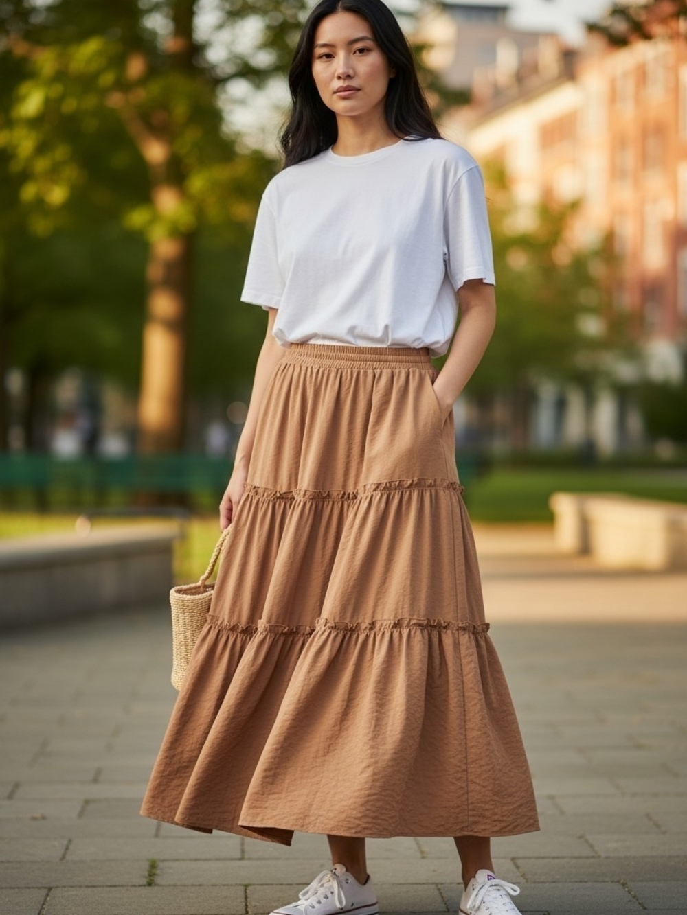 Zenana Tiered Maxi Skirt in Camel